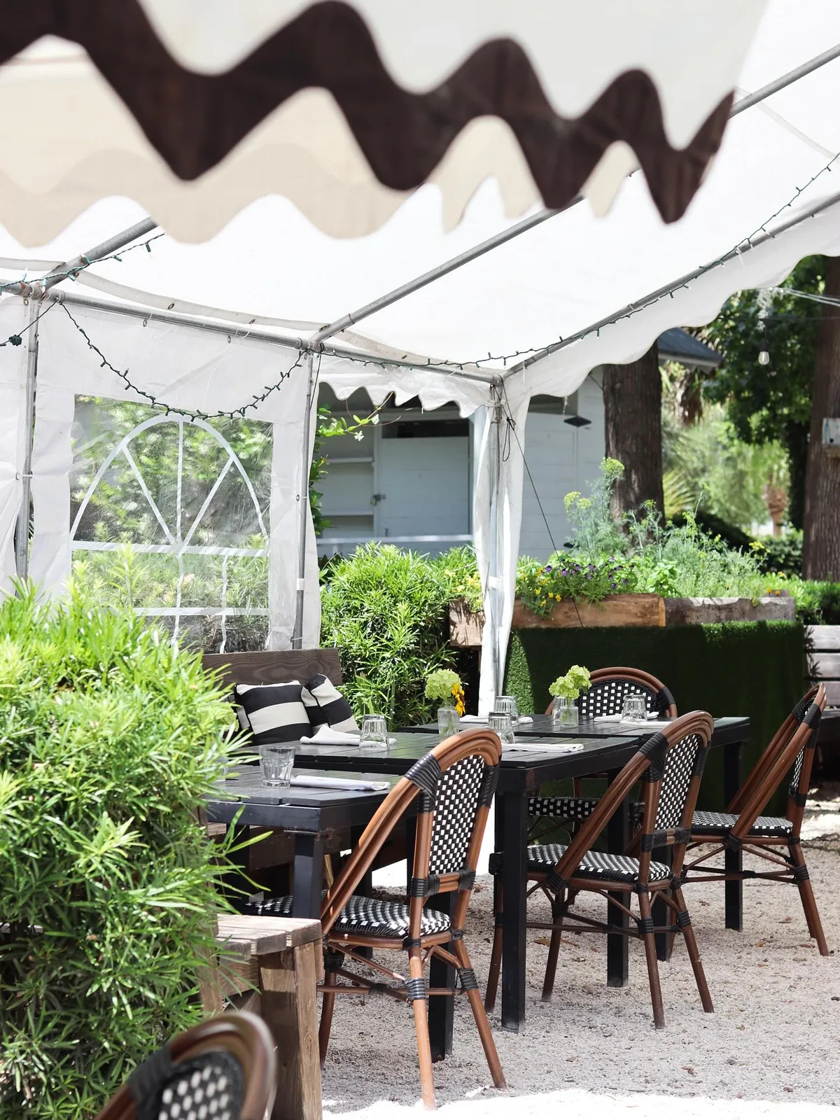 Raised herb beds and planters lining the covered patio at Bistro Ten